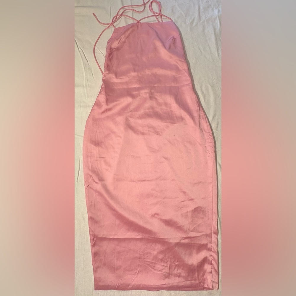 Meshki Pink spaghetti strap lace up back Dress.